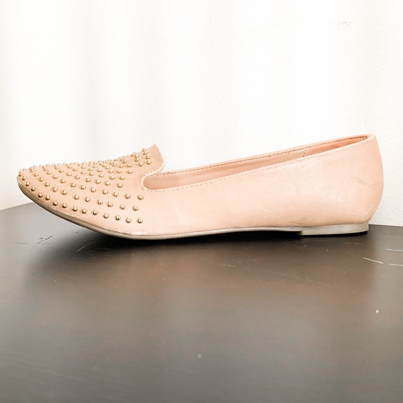 Beige Light Pink Flats Loafers with Metal Spikes - Picture 2 of 4